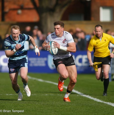 Try-scorer Matt McNab makes a break for the Cornish Pirates in their Championship clash at Bedford Blues