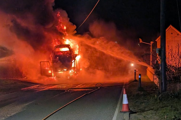 Lorry fire at Carland Cross.