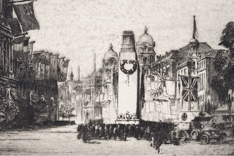 'The Temporary Cenotaph, in an etching by William Monk, published in 1920.
