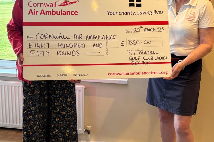St Austell Golf Club lady captain, Wendy Belcher, recently presented her charity cheque for £850 to the community manager of Cornwall Air Ambulance, Mowenna Smart 