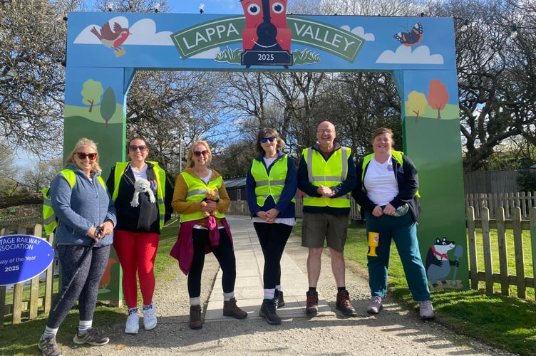 Left to Right: Heidi Stasisk, Adrian Mitchell, Sue Mitchell, Taryn Pennock, Helen Smithers, and Sue Marshall arrive at Little Harbour hospice at Porthpean, St Austell.