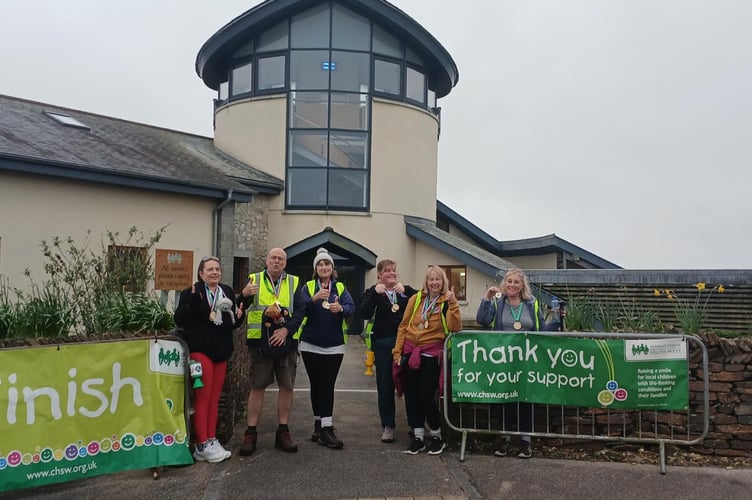 Left to Right: Heidi Stasisk, Adrian Mitchell, Sue Mitchell, Taryn Pennock, Helen Smithers, and Sue Marshall arrive at Little Harbour hospice at Porthpean, St Austell.