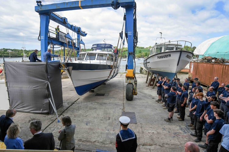 HRH The Princess Royal observes Dave Cockwell launching the Hardy 45 European, with the Cockwells team watching on