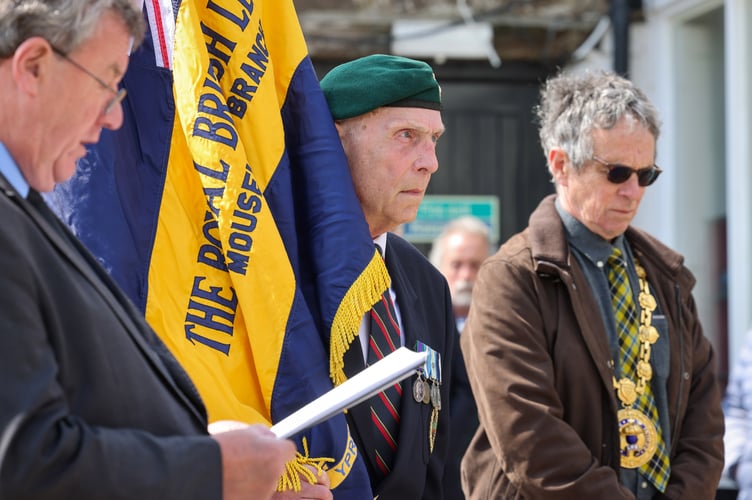 Mayor of Penzance Stephen Reynolds attends a VE Day Ceremony organised by Mousehole Royal British Legion at the War Memorial in Mousehole. Photo by Penzance Council