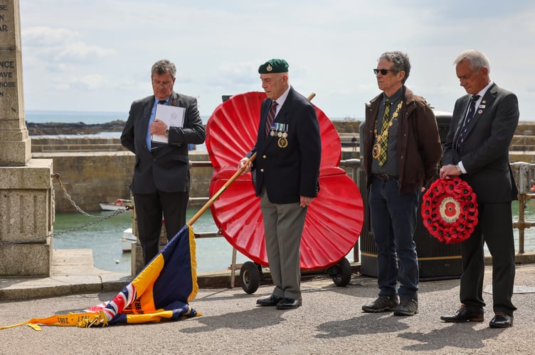Mayor of Penzance Stephen Reynolds attends a VE Day Ceremony organised by Mousehole Royal British Legion at the War Memorial in Mousehole. Photo by Penzance Council