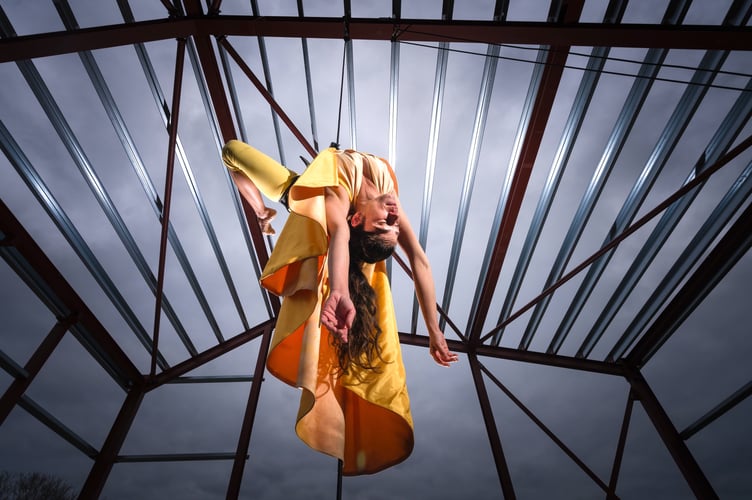 Yskynna Vertical Dance Co exploring the Creation Works during construction. The steel frame for the studio is designed to incorporate aerial rigging. Picture: Steve Tanner