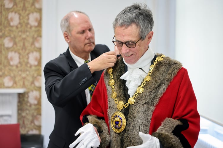 Mayor of Penzance Stephen Reynolds. The 45th Annual Mayor Choosing Ceremony of Penzance Council held in St John's Hall, Penzance, on Monday 19 May 2025. Photo by Penzance Council