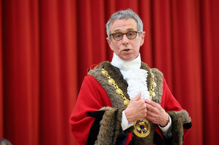 Mayor of Penzance Stephen Reynolds. The 45th Annual Mayor Choosing Ceremony of Penzance Council held in St John's Hall, Penzance, on Monday 19 May 2025. Photo by Penzance Council