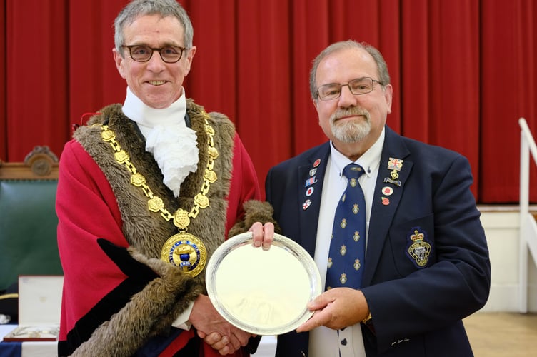 Mayor of Penzance Stephen Reynolds with Citizen of the Year winner Vernon Durrant. The 45th Annual Mayor Choosing Ceremony of Penzance Council held in St John's Hall, Penzance, on Monday 19 May 2025. Photo by Penzance Council
