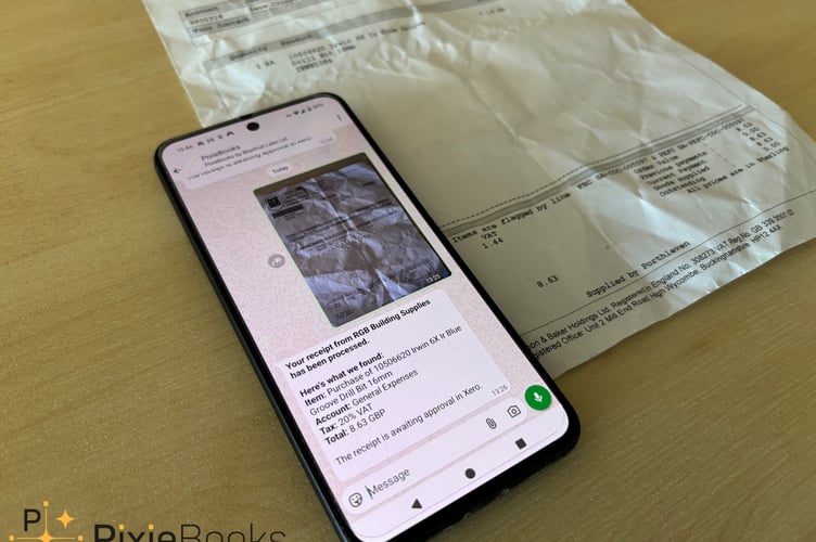 PixieBooks processing a receipt via WhatsApp.