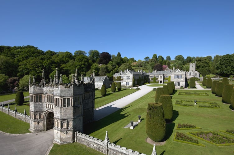 The gatehouse and house beyond at Lanhydrock, Cornwall.