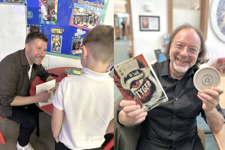 James Greenwood signing a book, and SF Said at the festival.