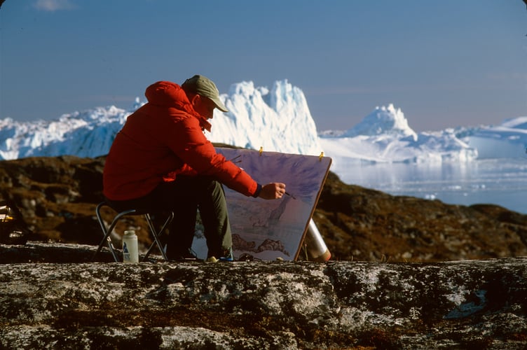 CAPTION: Tony Foster painting in Ilulissat looking across the Kangia Icefjord, Greenland, 2002. Courtesy of the Foster Art & Wilderness Foundation. 

Artwork Featured in Photo:
1998.2.2
Ilulissat - Looking 220â« True SW Across the Kangia, 2002