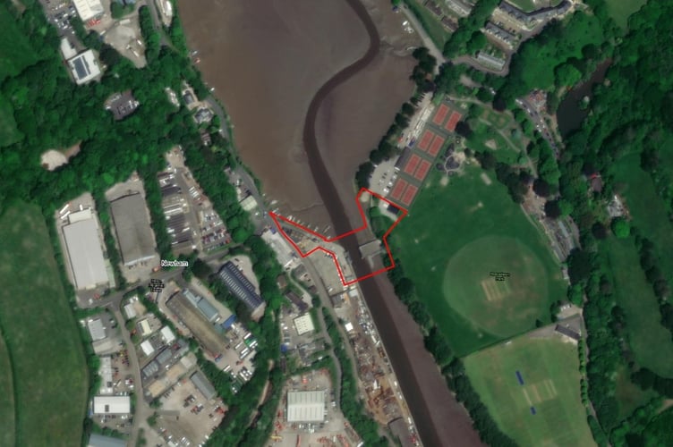 An aerial photograph showing where the bridge would be located between Newham and Boscawen Park.