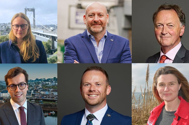 Cornwall's MPs, from top left clockwise: Anna Gelderd, Labour MP for South East Cornwall; Perran Moon, Labour MP for Camborne and Redruth; Andrew George, Liberal Democrat MP for St Ives; Jayne Kirkham, Labour MP for Truro and Falmouth; Ben Maguire, Liberal Democrat MP for North Cornwall; and Noah Law, Labour MP for Newquay and St Austell.