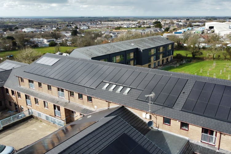 A bird’s eye view of the newly installed panels at Miners Court
in Redruth.
