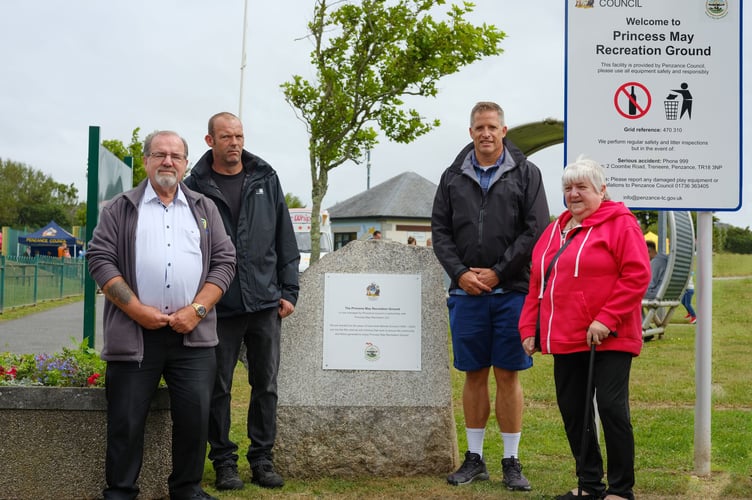 Melville's family members Vernon Durrant, Martin Durrant and Phyllis Caddy with Penzance Council Town Clerk James Hardy. The Melville Durrant Memorial and Community Day held at Princess May Recreation Ground on Sunday 6 July. Photo by Penzance Council