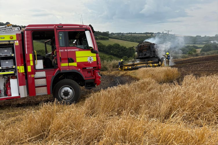 Appliances from Liskeard, Lostwithiel, Callington, Wadebridge and Bodmin were called  to a report of a fire involving a combine harvester which had spread to adjacent fields
