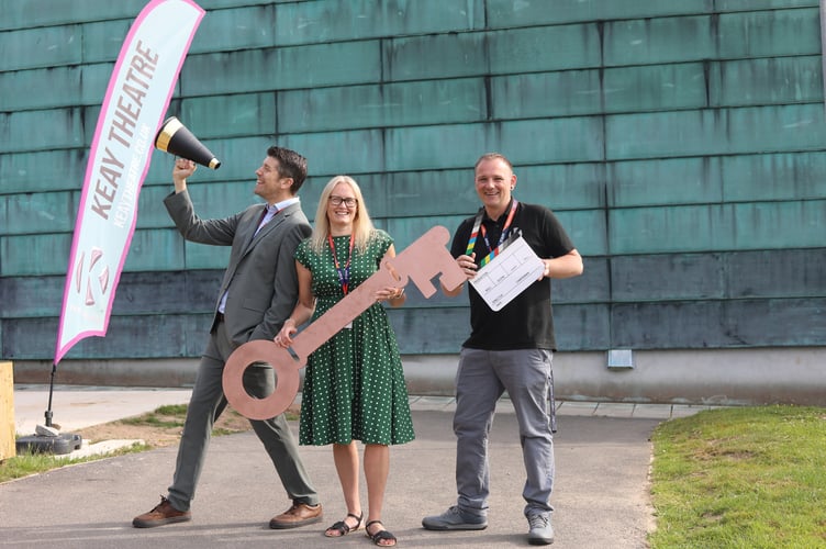 Head of Campus David Atkinson-Beaumont, Deputy Head of Campus Laetitia Mayne, and Keay Theatre Manager Jonathan Stamp launch the new 'Key to The Keay' grant at Cornwall College St Austell.