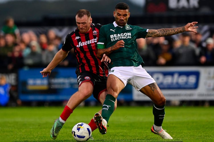 Luke Jephcott of Truro City battles for the ball with Victor Palsson of Plymouth Argyle during the Pre Season Friendly Match between Truro City and Plymouth Argyle at Truro Sports Hub, Truro on 16 July 2025 (Photo: Tom Sandberg/PPAUK)