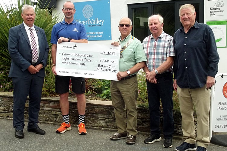 Glynn Rowett, Paddy Talen, Paul Hancock, John Clemo and Peter Edwards at the duck race cheque presentation.