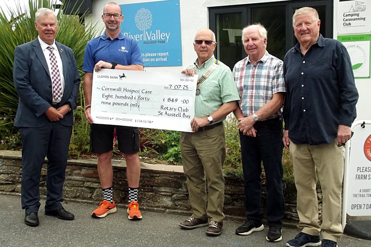 Glynn Rowett, Paddy Talen, Paul Hancock, John Clemo and Peter Edwards at the duck race cheque presentation.