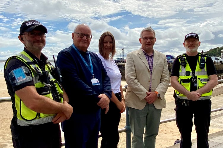 Left to Right: James Wright Infinitus Security Ltd, Councillor Tony Harris, Lead Committee Chair for Community, Sarah Hooper St Ives BID Manager, Councillor Johnnie Wells, Mayor of St Ives Safety, Kim Phillips Infinitus Security Ltd