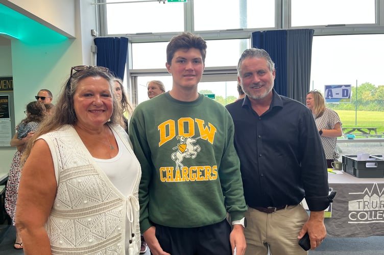 Joe Butterworth with parents Cheryl and Ian at Truro College on A Level results day