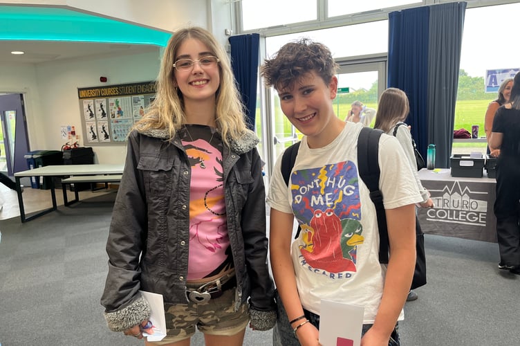 Holly and Darcie celebrate A Level results at Truro College
