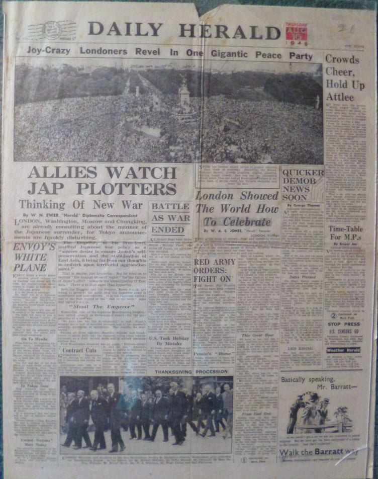 Barrie says of this photograph: “This is a photo of the front page of the VJ day news on a newspaper that I own, one of many of historical days in the past. These papers that I have were delivered to No 21 Pool Street in Bodmin as you will see by the entry on the top right hand corner of the page, the house where I was born.
"This and many more papers, and old photos were passed on to me when my parents passed away and I carried on collecting."
