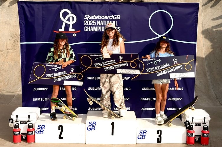Cornwall's Lola Tambling (centre) won the Skateboard GB National Championships Women’s Park title from Olive Newman (left) and Mara Ilg Castro (right). Picture: Leo Sharpe