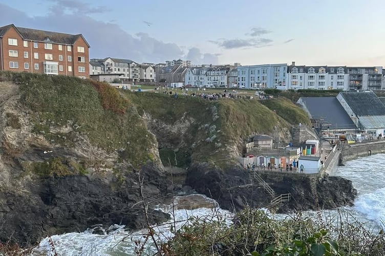 Hurricane Erin waves surged up the cliff face (Picture: Padstow Coastguard)
