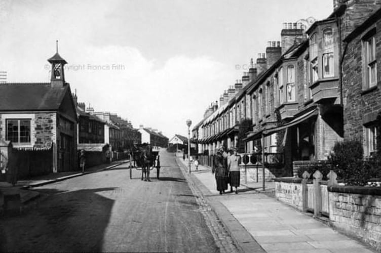 A view up Crantock street, with the fire station / school, which is now the garden on the left
