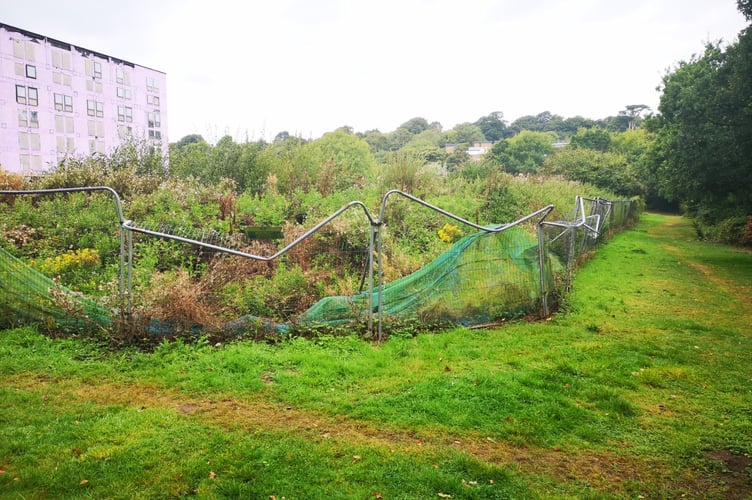 What was previously a community football field behind the building is now an overgrown mess, while the fencing has been damaged.