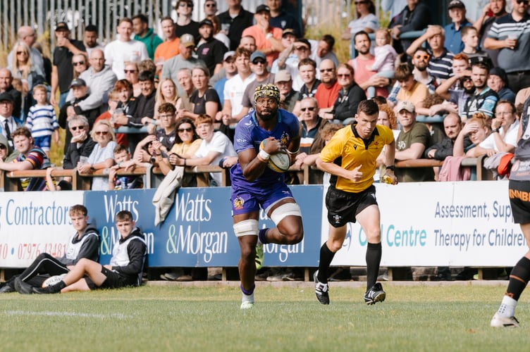 Exeter Chiefs and Wales forward Christ Tshiunza on the charge during the pre-season friendly against the Ospreys