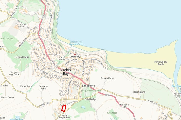 Where the Gypsy and Traveller site would be built in relation to Carbis Bay if approved (Pic: Cornwall Council /Ordnance Survey).