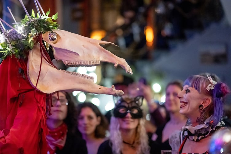 A reveller smiles at Penglas, meaning ‘grey head’, at Golowan, a midsummer festival revived in Penzance