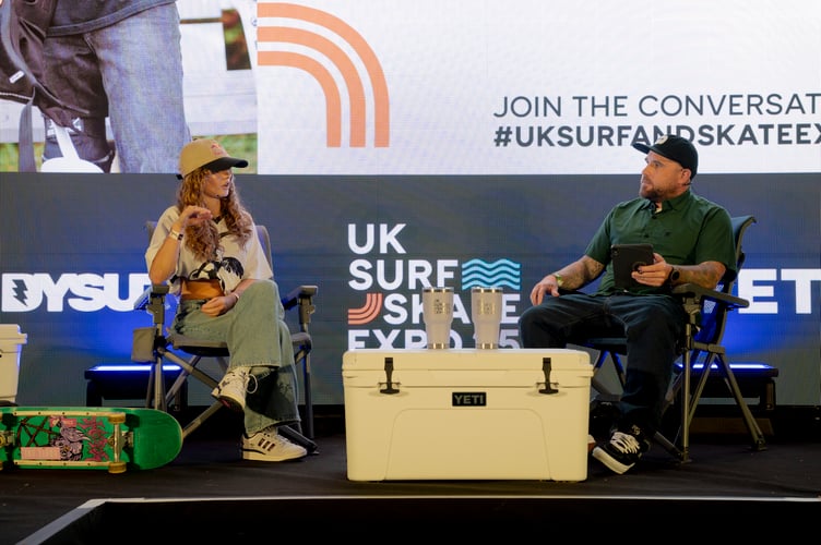 Olympic skateboarder Lola Tambling with Marc Churchill in the expo hall (Picture: Oli Chapman)