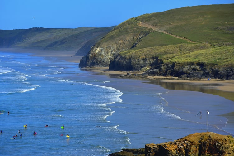 A stunning vista across the expanse of Perranporth beach.