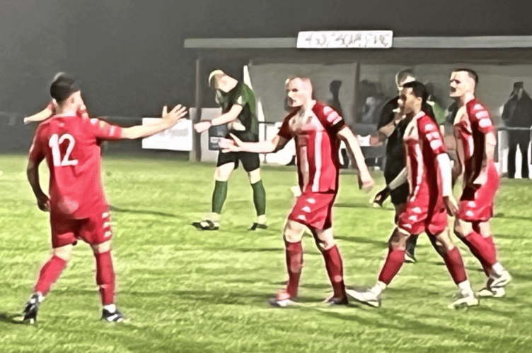 Seven heaven: Newquay celebrate Rhys Simmonds’ 81st minute goal which made it 7-1.