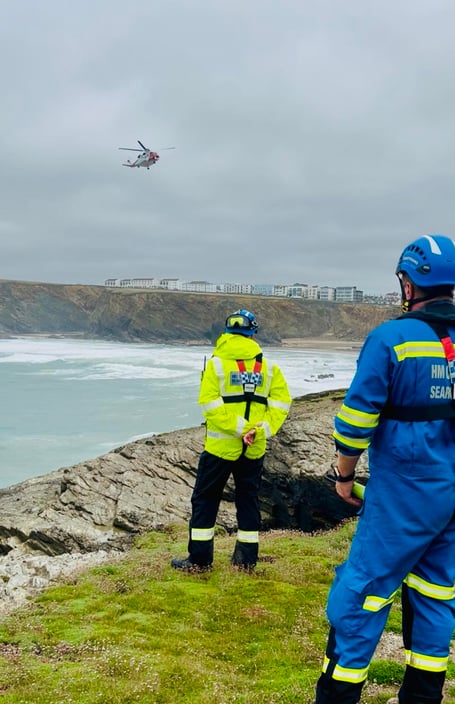 Members of Newquay Coastguard Search and Rescue Team look on as the Coastguard helicopter 924 scoured the coastline during the search (Picture: Newquay Coastguard Search and Rescue Team)