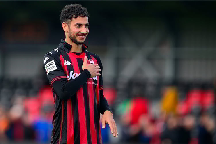 Final whistle celebrations for Yassine En-Neyah of Truro City to the fans during the National League match between Truro City and Boston United at Truro City Stadium on 30 August 2025  Photo: Phil Mingo/PPAUK