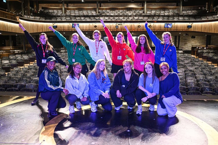 Students from Richard Lander school meet the professional cast from SIX The Musical gather on the Cornwall Playhouse stage 
