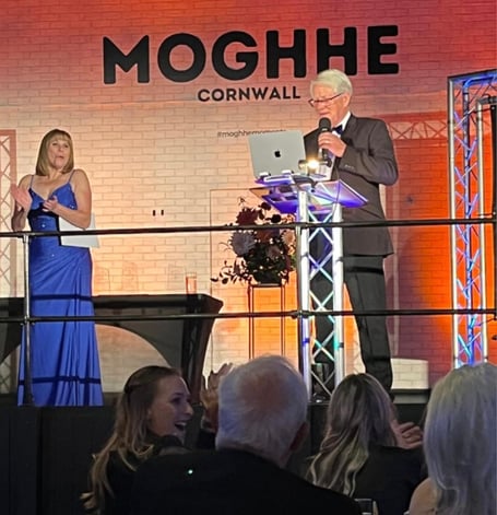 Organiser Tracy Adams and compere Mike Allsopp of Liskeard and Looe Radio on stage ready to announce the award winners