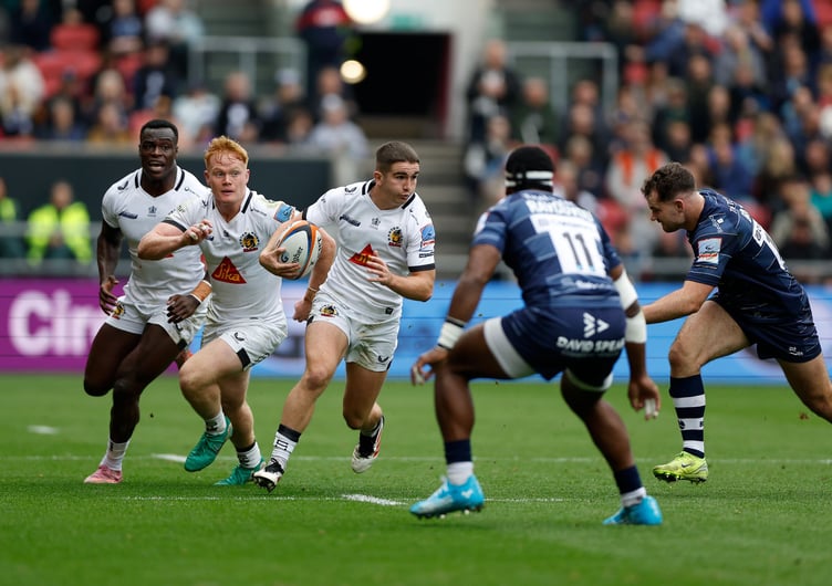 Exeter's Dan John looks to find a way through the Bristol's defence during Saturday's clash at Ashton Gate