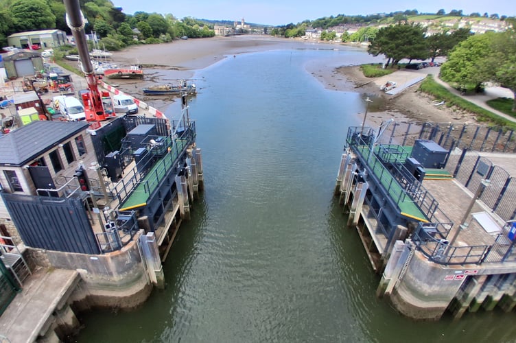 Truro tide gate, looking up towards the city, May 2025