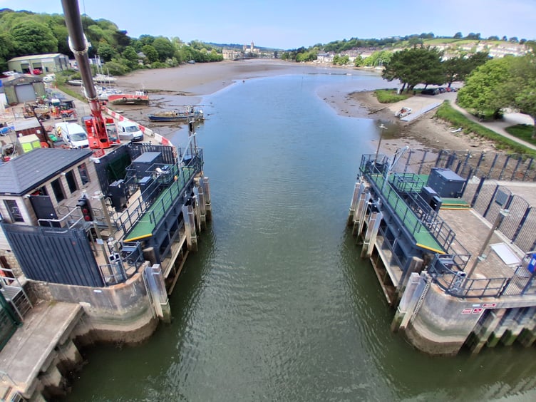 Truro tide gate, looking up towards the city, May 2025