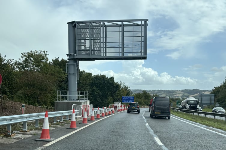 One of the new gantries installed on the eastbound approach to the Tamar Bridge
