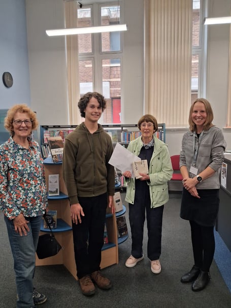 French prize winner Robbie Searle with TMTA member Margaret George, TMTA chair Rachel Killick, Truro College French lecturer Becky Andrews