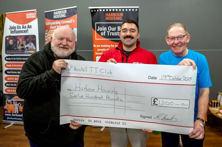 Malcolm Putko, left, of Harbour Housing, receiving a cheque after the table tennis marathon.